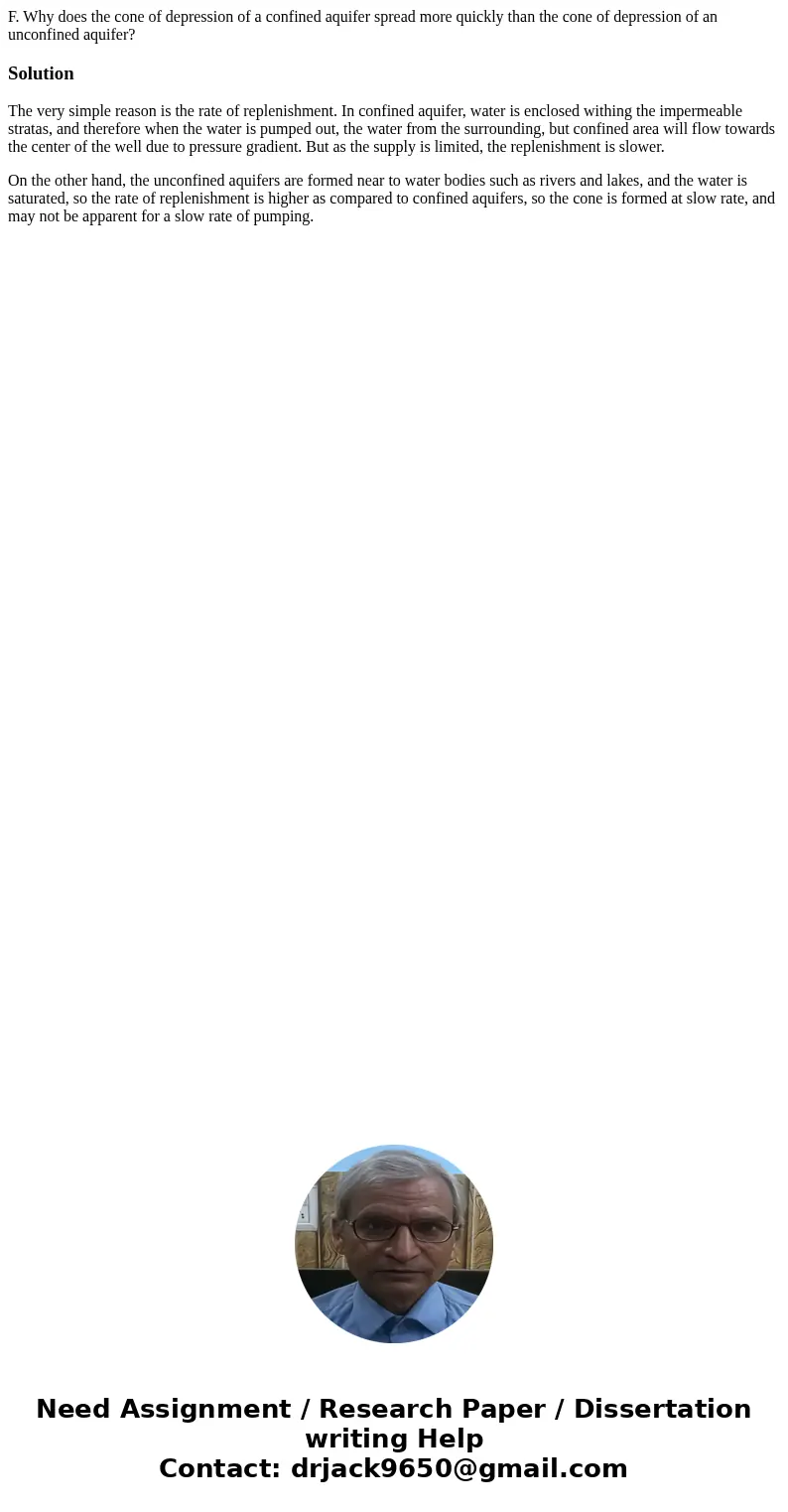 F. Why does the cone of depression of a confined aquifer spread more quickly than the cone of depression of an unconfined aquifer? SolutionThe very simple reas  F. Why does the cone of depression of a confined aquifer spread more quickly than the cone of depression of an unconfined aquifer? SolutionThe very simple reas