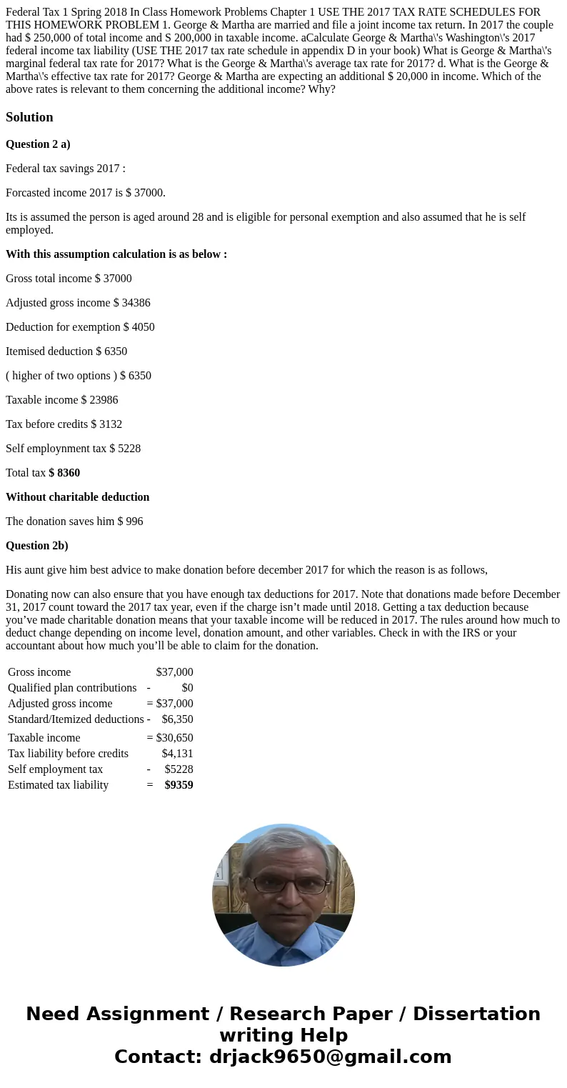  Federal Tax 1 Spring 2018 In Class Homework Problems Chapter 1 USE THE 2017 TAX RATE SCHEDULES FOR THIS HOMEWORK PROBLEM 1. George & Martha are married and