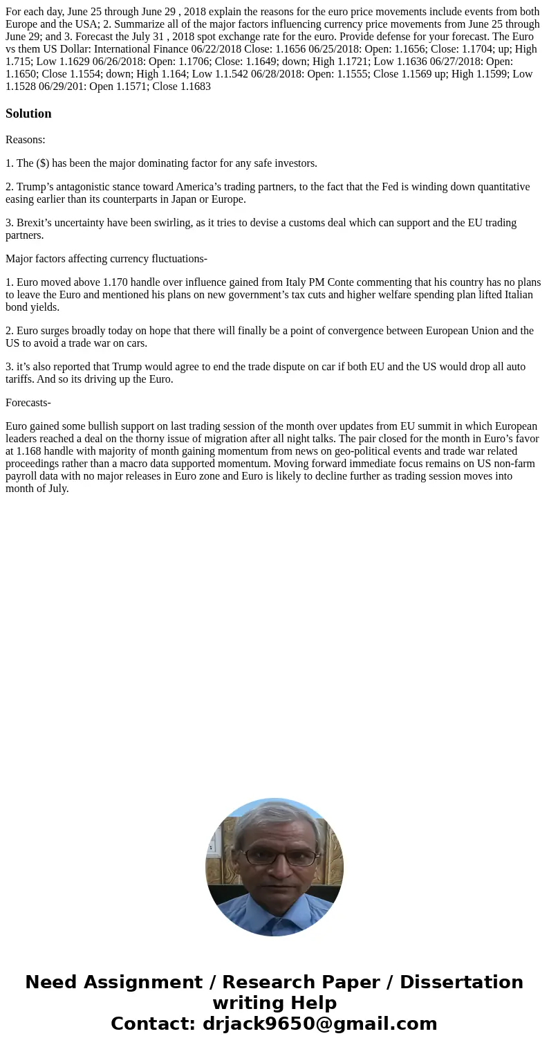 For each day, June 25 through June 29 , 2018 explain the reasons for the euro price movements include events from both Europe and the USA; 2. Summarize all of t For each day, June 25 through June 29 , 2018 explain the reasons for the euro price movements include events from both Europe and the USA; 2. Summarize all of t