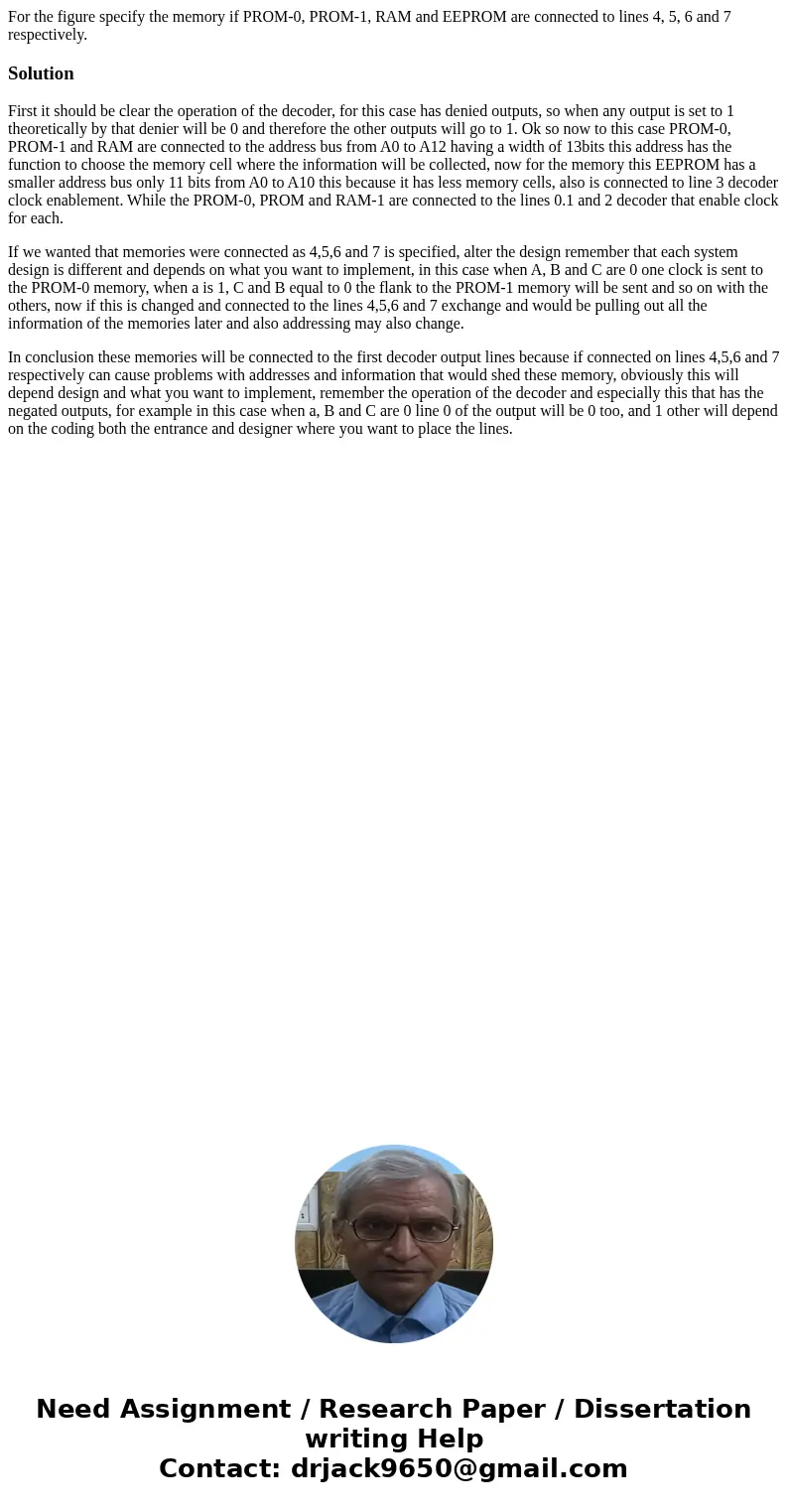  For the figure specify the memory if PROM-0, PROM-1, RAM and EEPROM are connected to lines 4, 5, 6 and 7 respectively.SolutionFirst it should be clear the oper