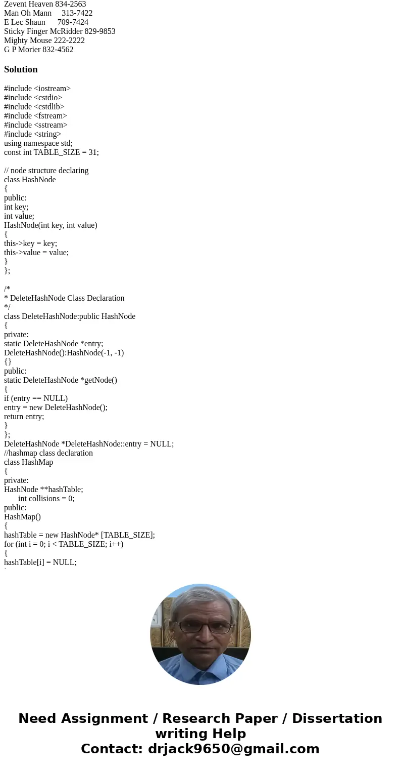 Hash table - C++ Can not use stl libraries, ie. vectors, hash_map, etc. You are to write a program to set up a data base for a phone index. The key will be a pe Hash table - C++ Can not use stl libraries, ie. vectors, hash_map, etc. You are to write a program to set up a data base for a phone index. The key will be a pe