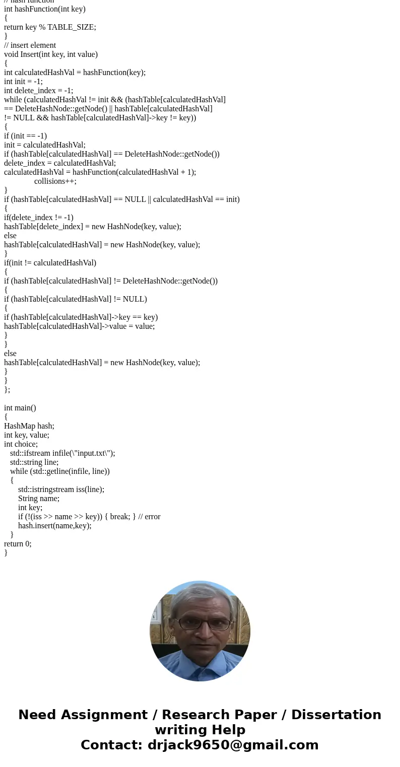 Hash table - C++ Can not use stl libraries, ie. vectors, hash_map, etc. You are to write a program to set up a data base for a phone index. The key will be a pe Hash table - C++ Can not use stl libraries, ie. vectors, hash_map, etc. You are to write a program to set up a data base for a phone index. The key will be a pe