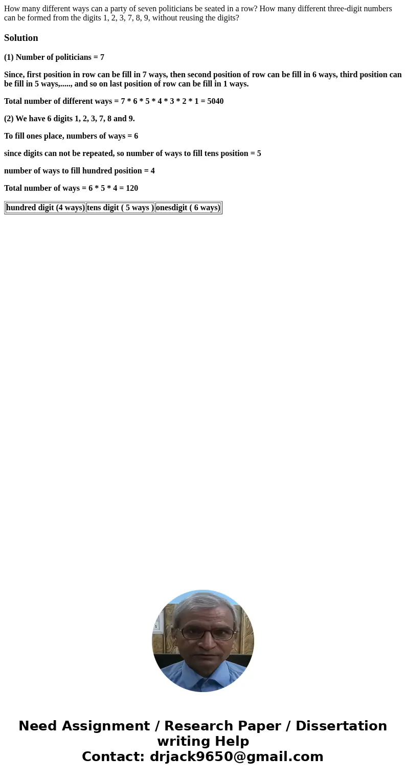  How many different ways can a party of seven politicians be seated in a row? How many different three-digit numbers can be formed from the digits 1, 2, 3, 7, 8