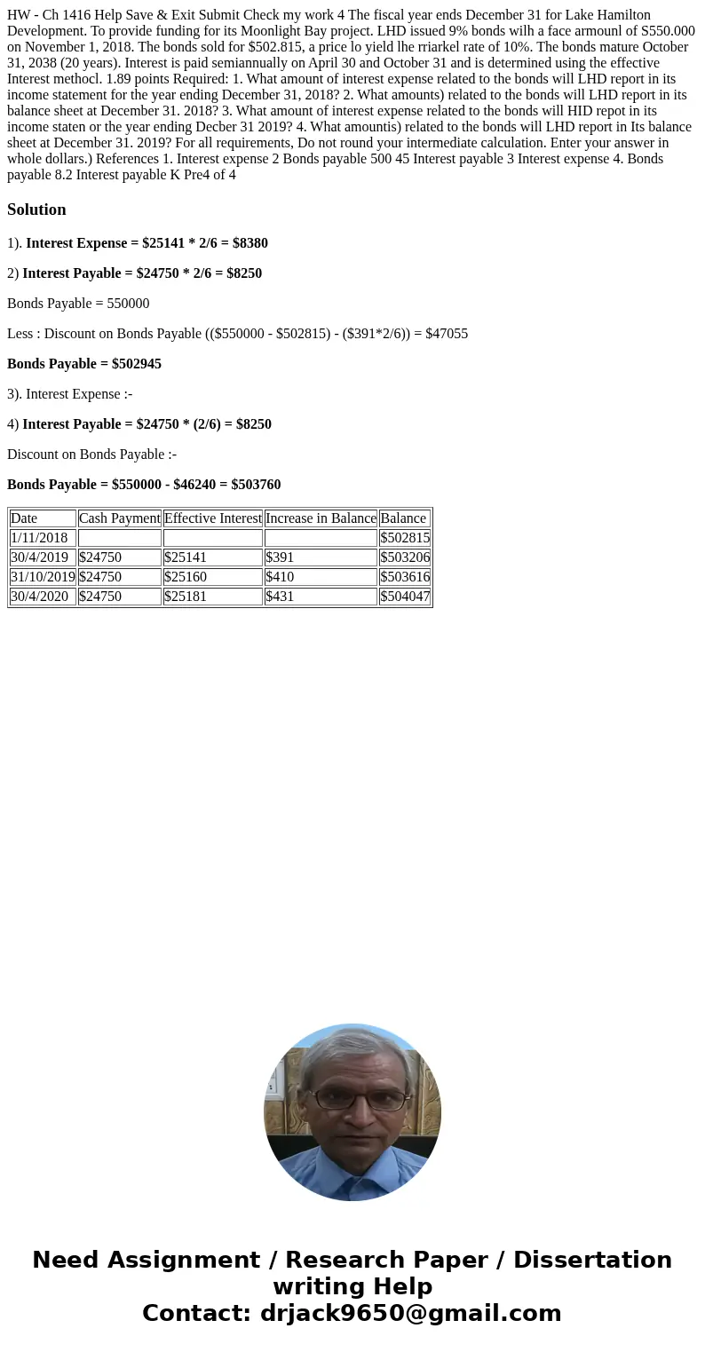  HW - Ch 1416 Help Save & Exit Submit Check my work 4 The fiscal year ends December 31 for Lake Hamilton Development. To provide funding for its Moonlight B
