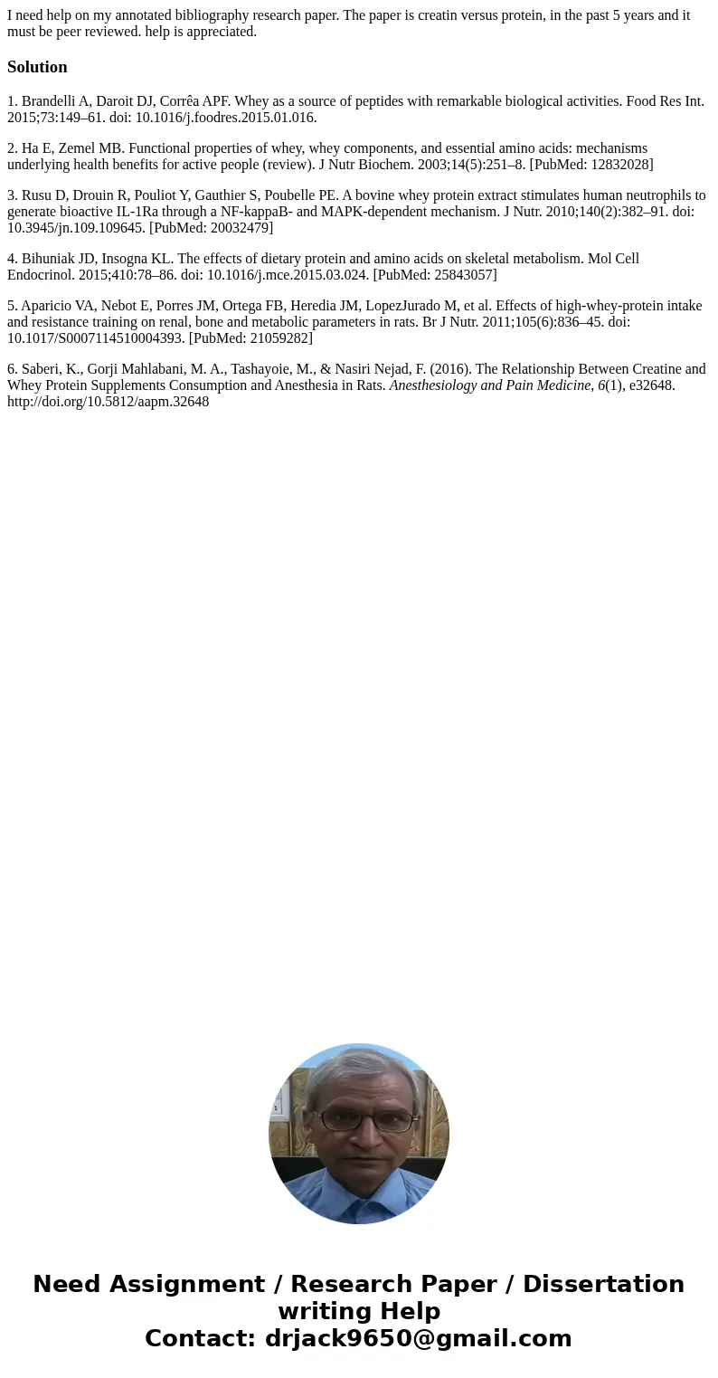 I need help on my annotated bibliography research paper. The paper is creatin versus protein, in the past 5 years and it must be peer reviewed. help is apprecia I need help on my annotated bibliography research paper. The paper is creatin versus protein, in the past 5 years and it must be peer reviewed. help is apprecia
