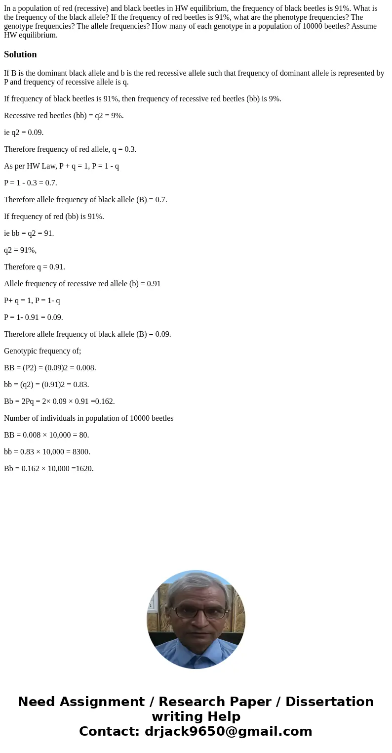 In a population of red (recessive) and black beetles in HW equilibrium, the frequency of black beetles is 91%. What is the frequency of the black allele? If th  In a population of red (recessive) and black beetles in HW equilibrium, the frequency of black beetles is 91%. What is the frequency of the black allele? If th