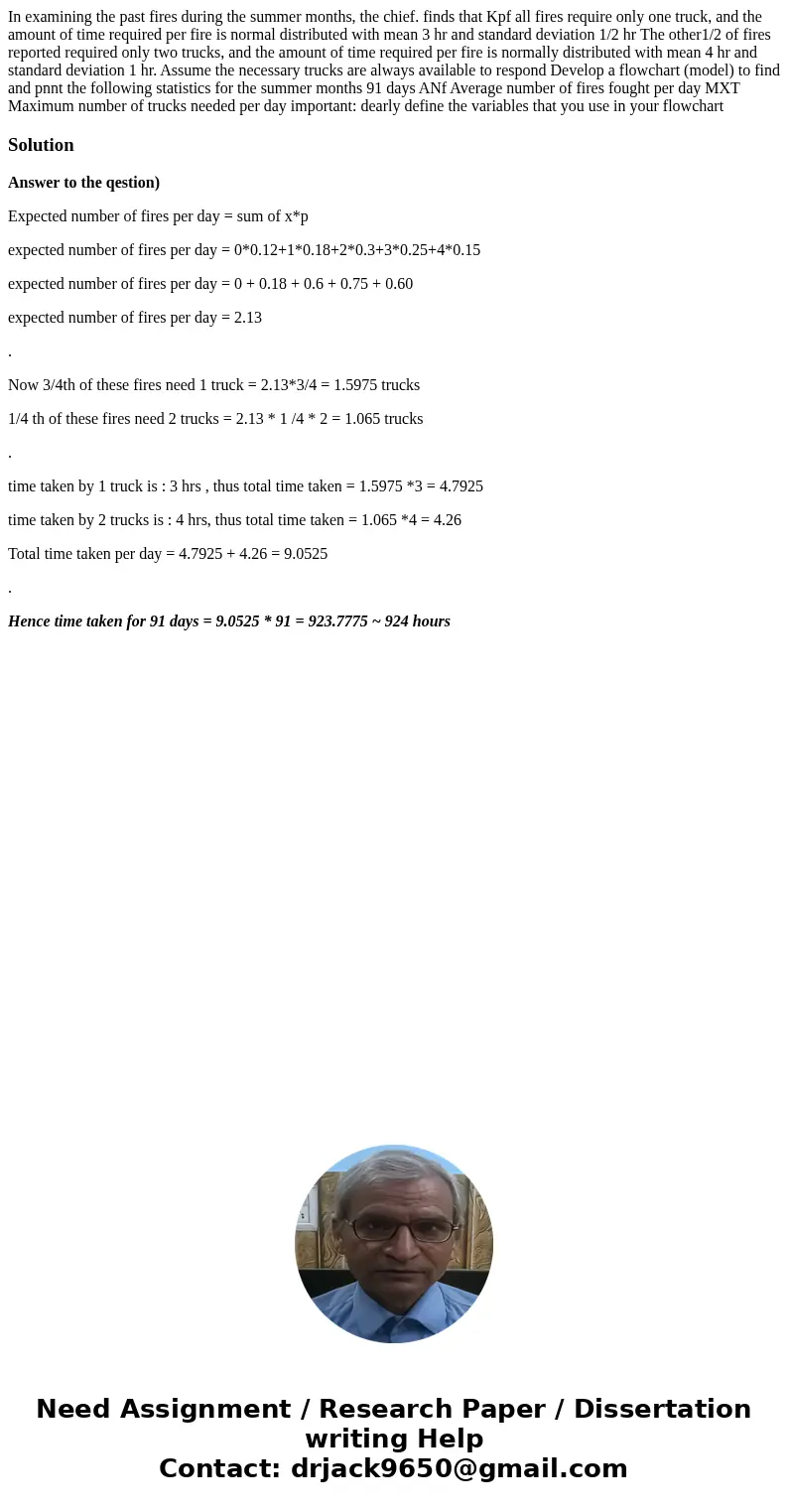 In examining the past fires during the summer months, the chief. finds that Kpf all fires require only one truck, and the amount of time required per fire is n  In examining the past fires during the summer months, the chief. finds that Kpf all fires require only one truck, and the amount of time required per fire is n