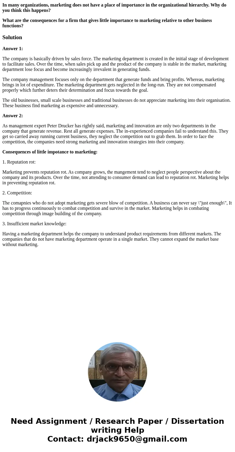 In many organizations, marketing does not have a place of importance in the organizational hierarchy. Why do you think this happens? What are the consequences f In many organizations, marketing does not have a place of importance in the organizational hierarchy. Why do you think this happens? What are the consequences f