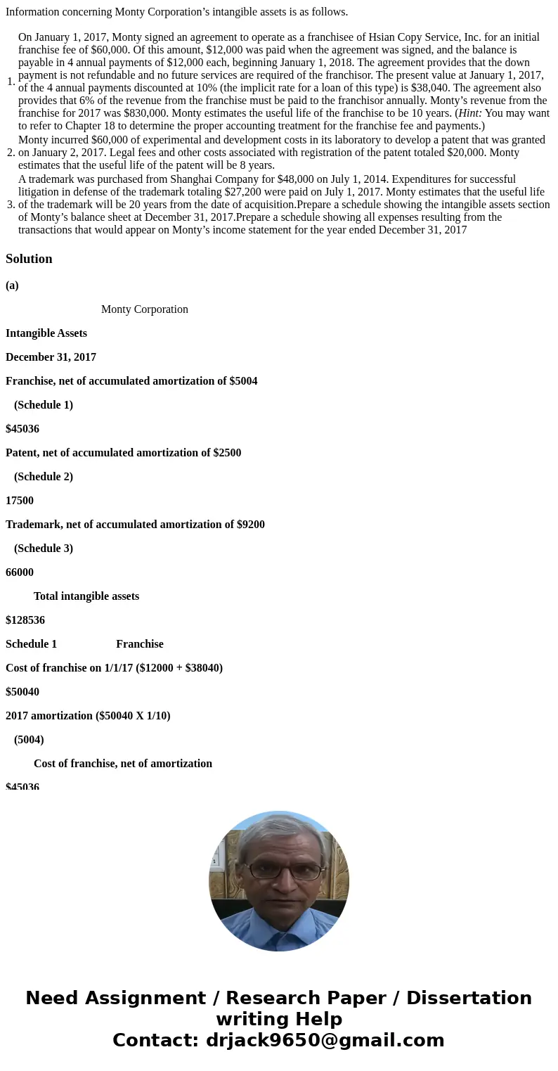 Information concerning Monty Corporation’s intangible assets is as follows. 1. On January 1, 2017, Monty signed an agreement to operate as a franchisee of Hsian