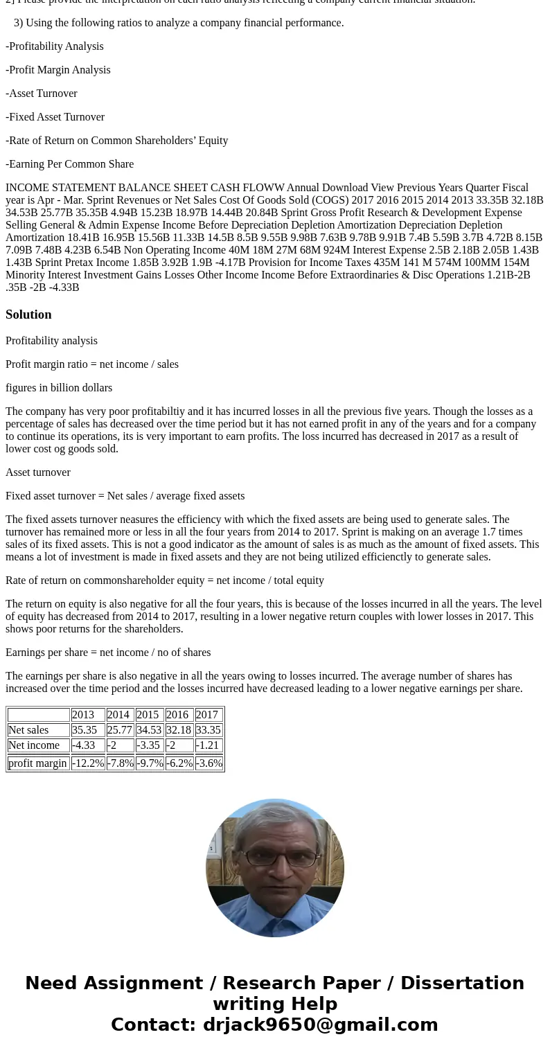 Instruction: Please answer all questions below including the ratios and the intrepretation for each ratio. I have attached the financial statement for Sprint Co