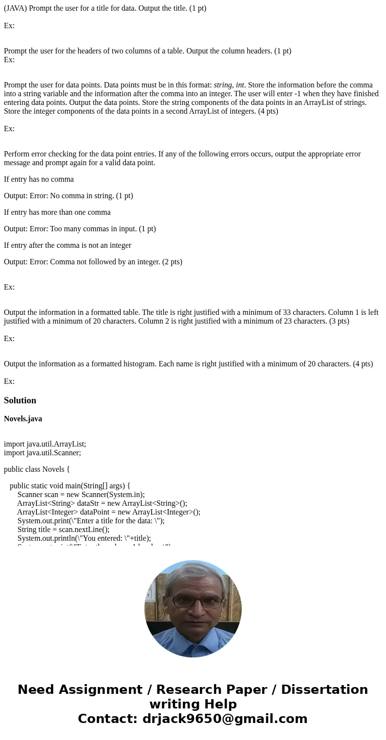 (JAVA) Prompt the user for a title for data. Output the title. (1 pt) Ex: Prompt the user for the headers of two columns of a table. Output the column headers.  (JAVA) Prompt the user for a title for data. Output the title. (1 pt) Ex: Prompt the user for the headers of two columns of a table. Output the column headers.