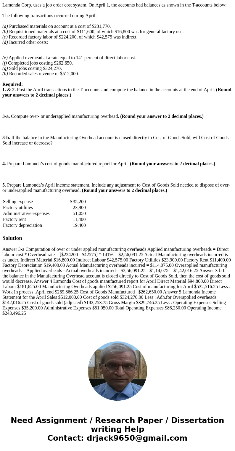 Lamonda Corp. uses a job order cost system. On April 1, the accounts had balances as shown in the T-accounts below: The following transactions occurred during A