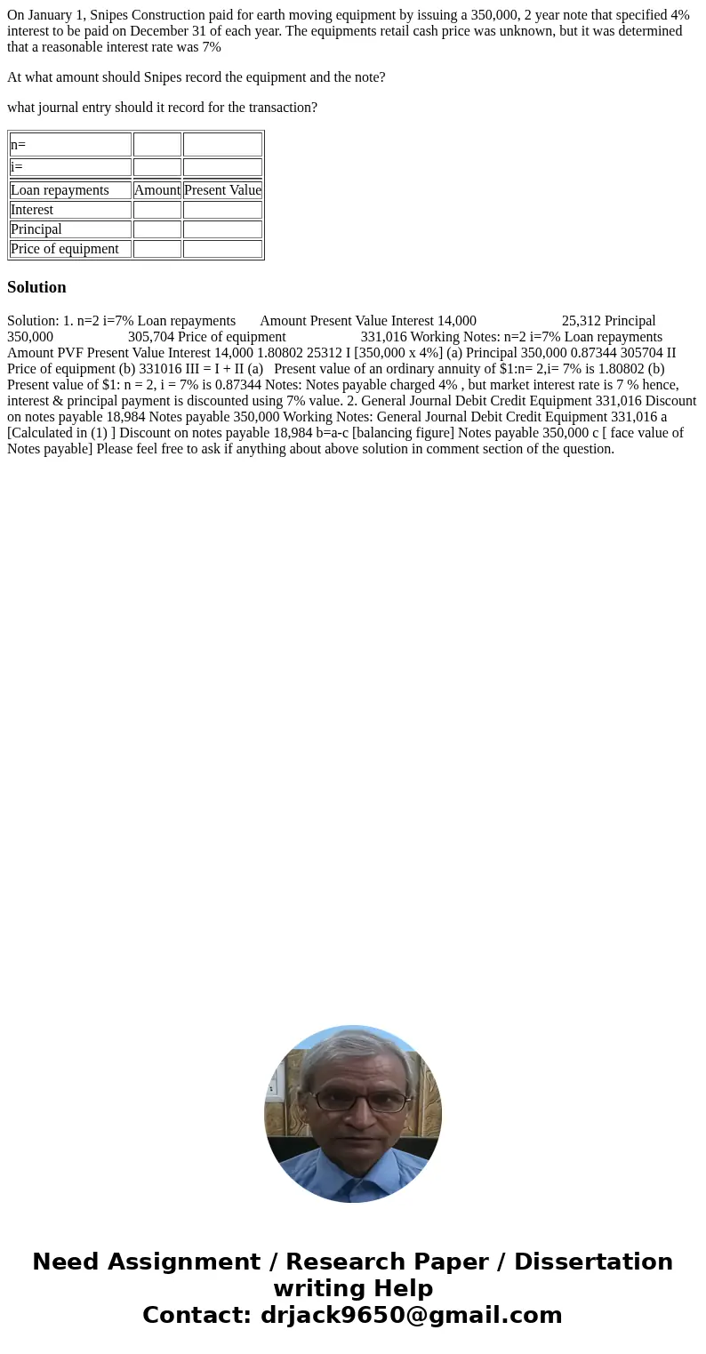 On January 1, Snipes Construction paid for earth moving equipment by issuing a 350,000, 2 year note that specified 4% interest to be paid on December 31 of each On January 1, Snipes Construction paid for earth moving equipment by issuing a 350,000, 2 year note that specified 4% interest to be paid on December 31 of each