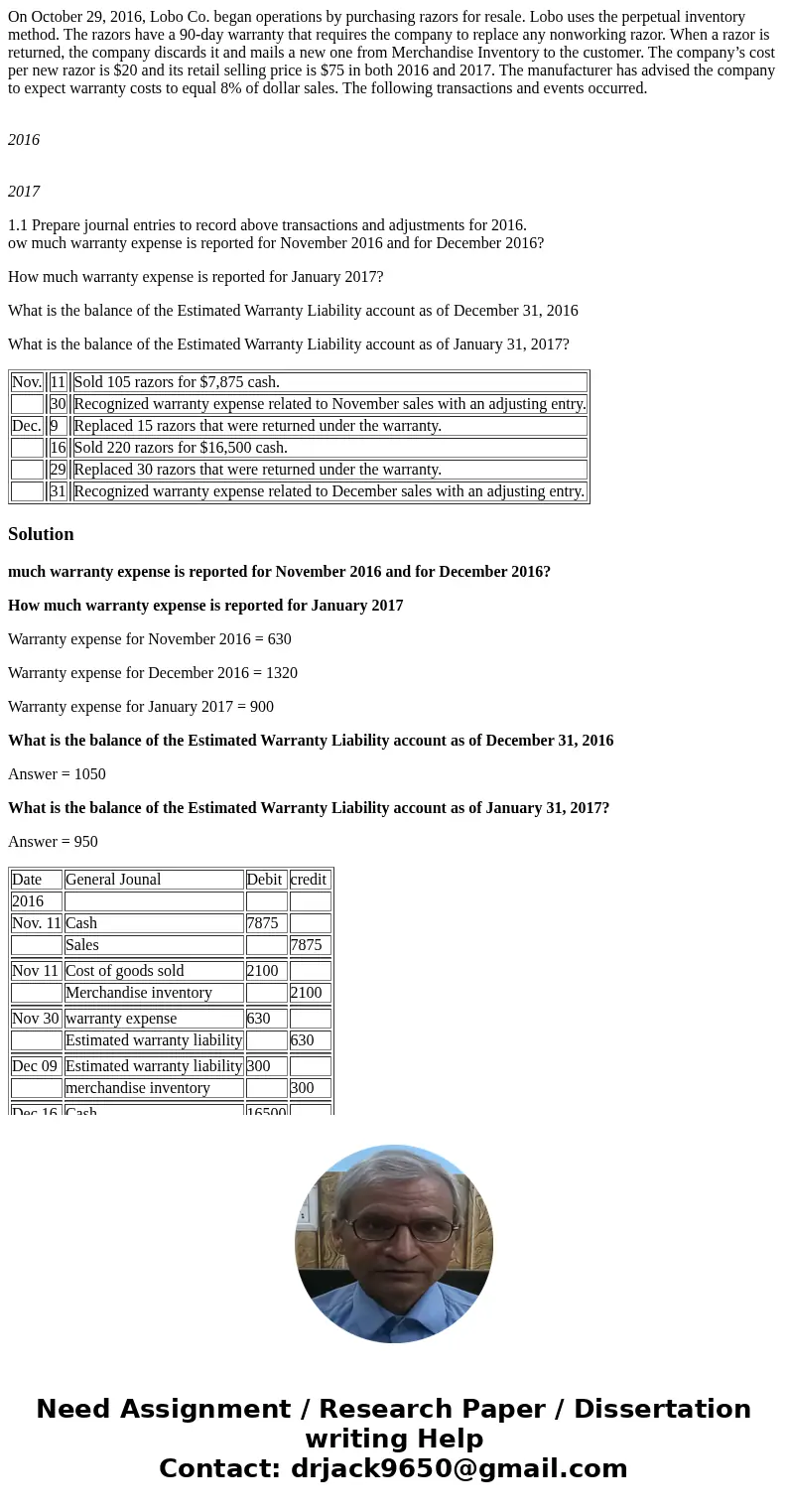 On October 29, 2016, Lobo Co. began operations by purchasing razors for resale. Lobo uses the perpetual inventory method. The razors have a 90-day warranty that On October 29, 2016, Lobo Co. began operations by purchasing razors for resale. Lobo uses the perpetual inventory method. The razors have a 90-day warranty that
