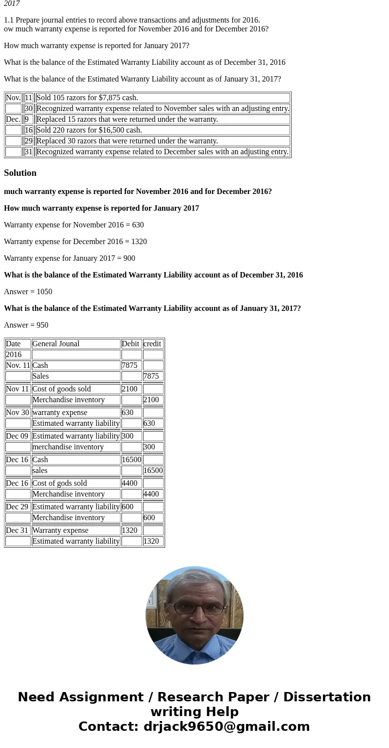 On October 29, 2016, Lobo Co. began operations by purchasing razors for resale. Lobo uses the perpetual inventory method. The razors have a 90-day warranty that On October 29, 2016, Lobo Co. began operations by purchasing razors for resale. Lobo uses the perpetual inventory method. The razors have a 90-day warranty that