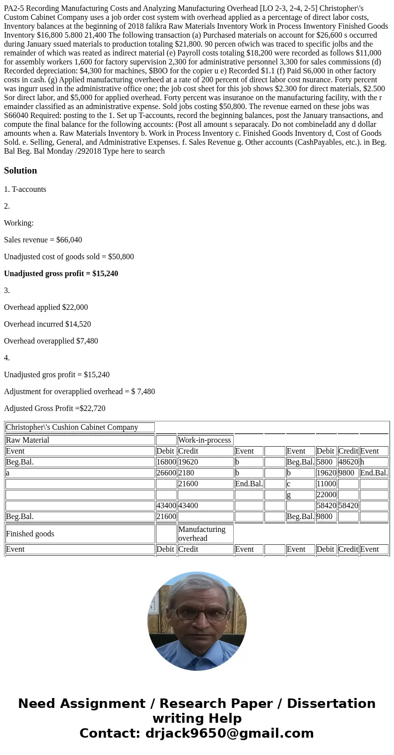  PA2-5 Recording Manufacturing Costs and Analyzing Manufacturing Overhead [LO 2-3, 2-4, 2-5] Christopher\'s Custom Cabinet Company uses a job order cost system 