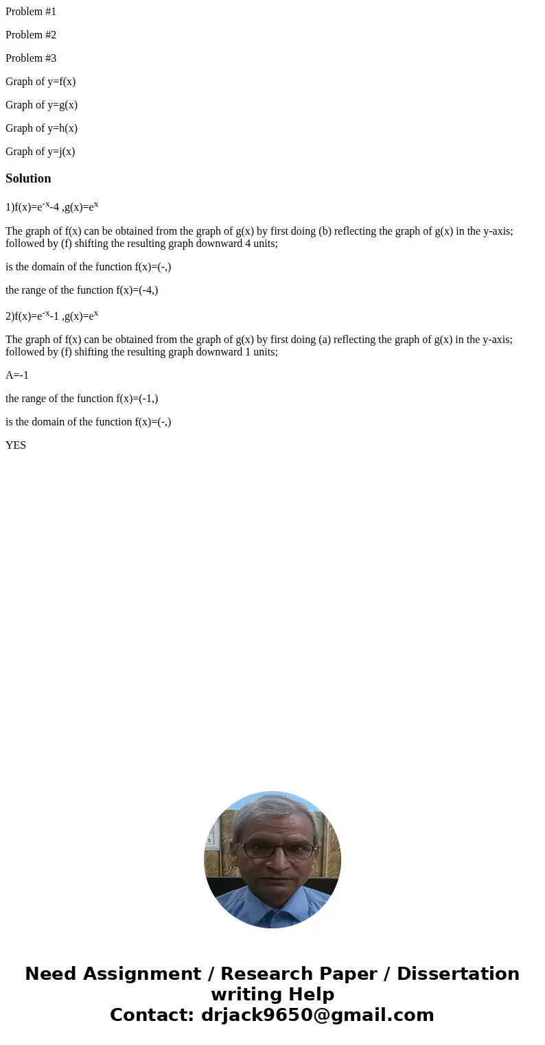 Problem #1 Problem #2 Problem #3 Graph of y=f(x) Graph of y=g(x) Graph of y=h(x) Graph of y=j(x)Solution1)f(x)=e-x-4 ,g(x)=ex The graph of f(x) can be obtained  Problem #1 Problem #2 Problem #3 Graph of y=f(x) Graph of y=g(x) Graph of y=h(x) Graph of y=j(x)Solution1)f(x)=e-x-4 ,g(x)=ex The graph of f(x) can be obtained