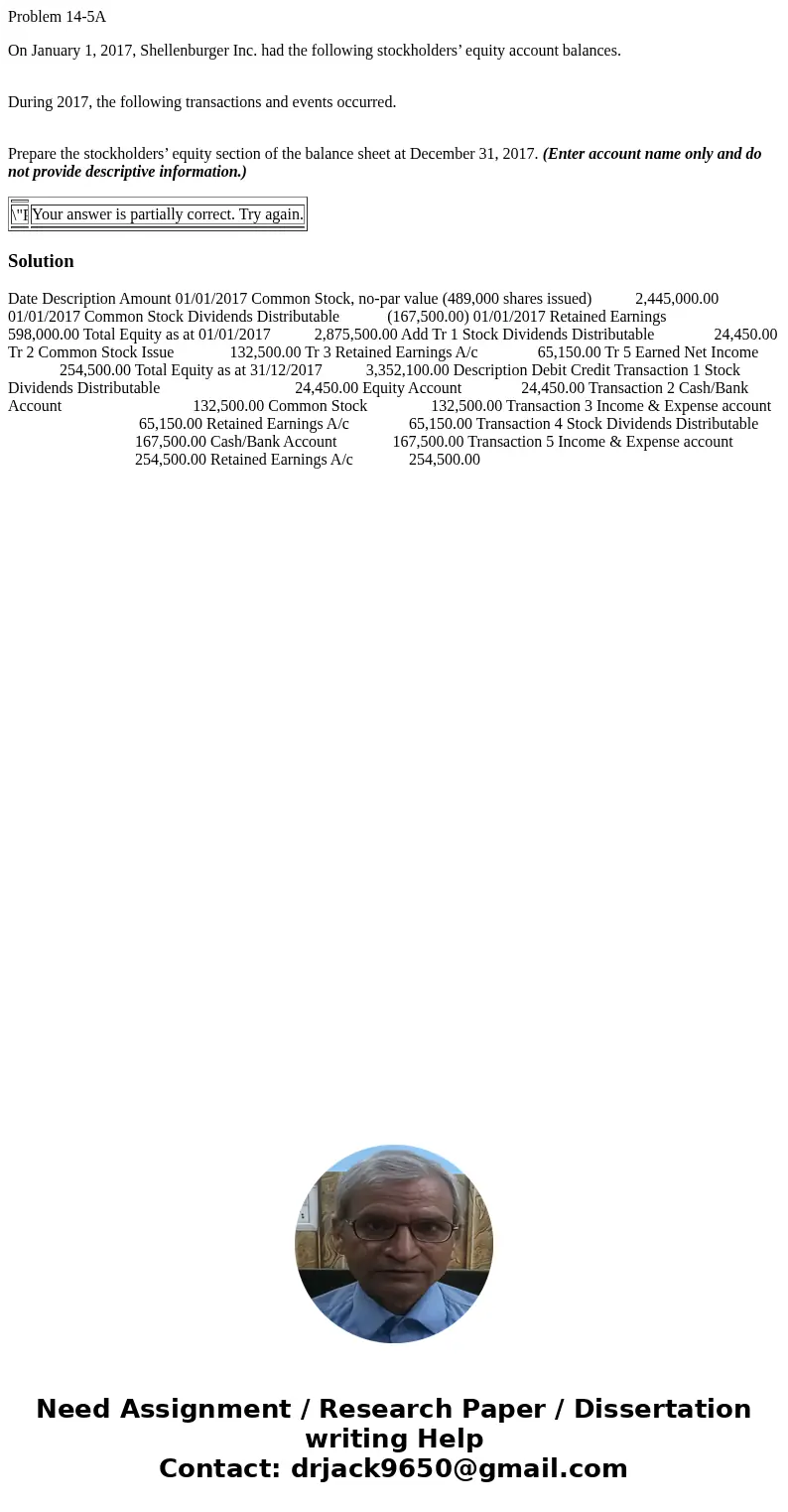 Problem 14-5A On January 1, 2017, Shellenburger Inc. had the following stockholders’ equity account balances. During 2017, the following transactions and events
