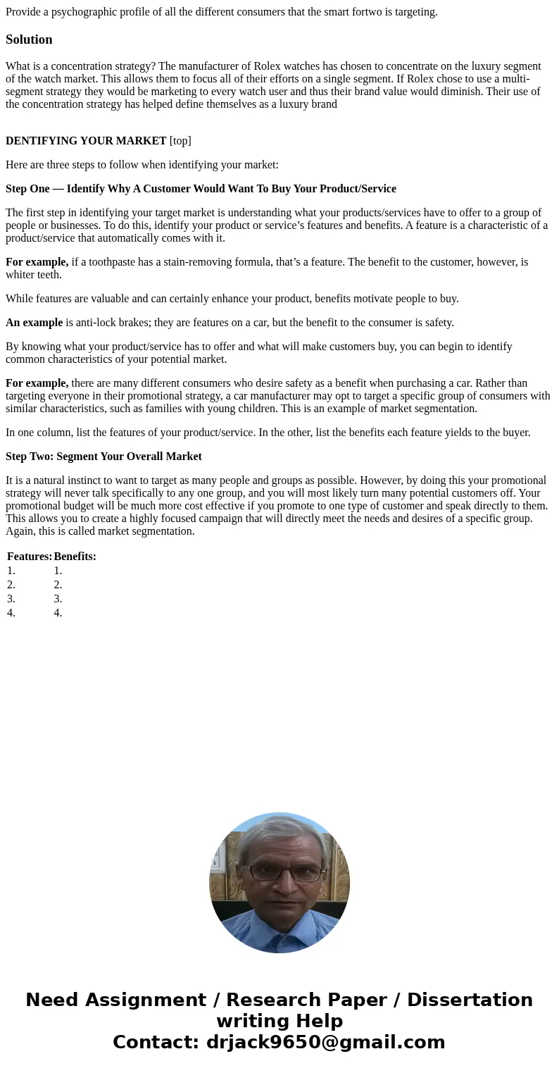 Provide a psychographic profile of all the different consumers that the smart fortwo is targeting.SolutionWhat is a concentration strategy? The manufacturer of  Provide a psychographic profile of all the different consumers that the smart fortwo is targeting.SolutionWhat is a concentration strategy? The manufacturer of