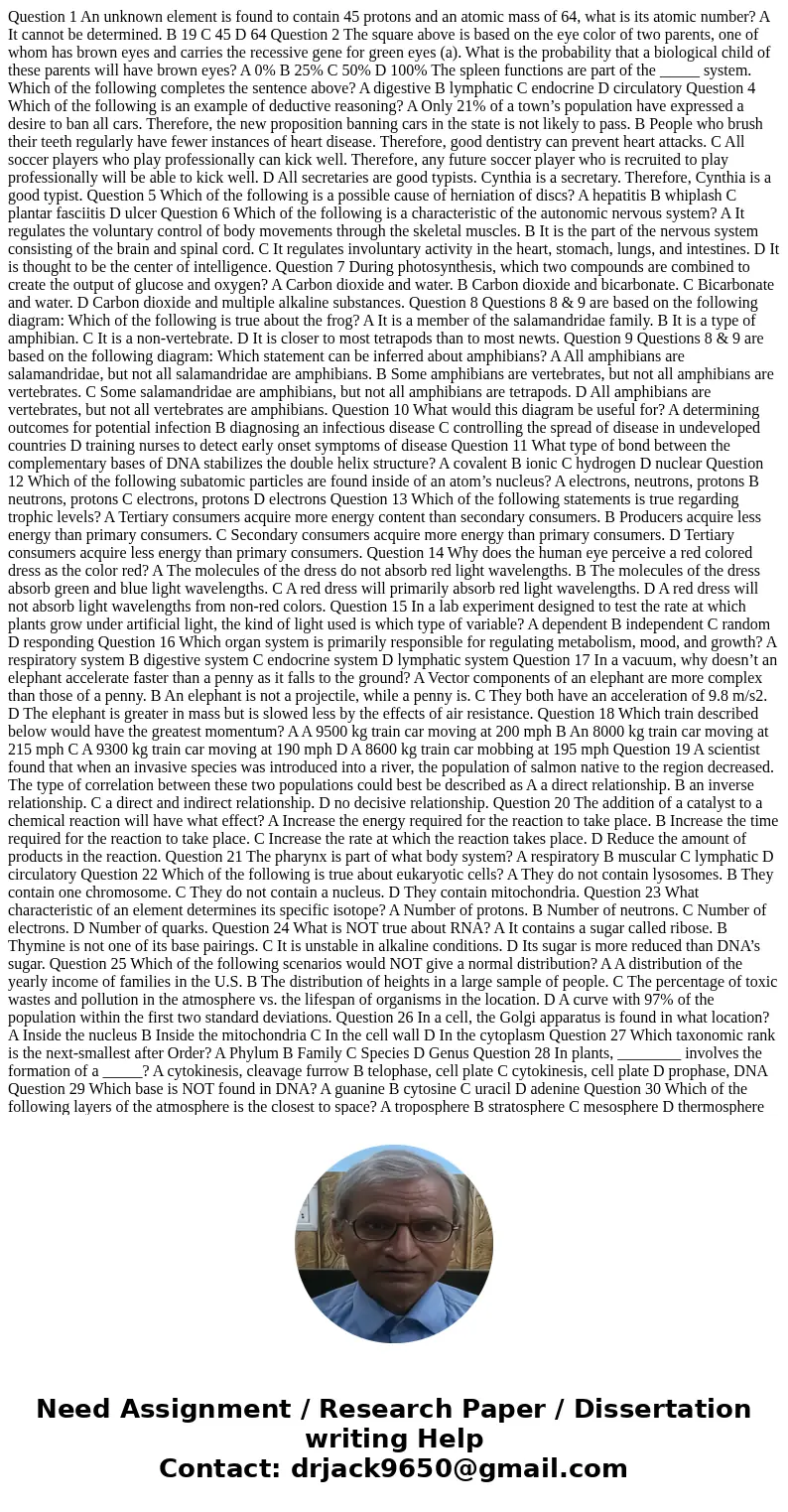 Question 1 An unknown element is found to contain 45 protons and an atomic mass of 64, what is its atomic number? A It cannot be determined. B 19 C 45 D 64 Ques Question 1 An unknown element is found to contain 45 protons and an atomic mass of 64, what is its atomic number? A It cannot be determined. B 19 C 45 D 64 Ques