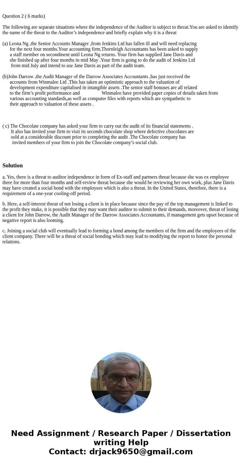 Question 2 ( 6 marks) The following are separate situations where the independence of the Auditor is subject to threat.You are asked to identify the name of th  Question 2 ( 6 marks) The following are separate situations where the independence of the Auditor is subject to threat.You are asked to identify the name of th