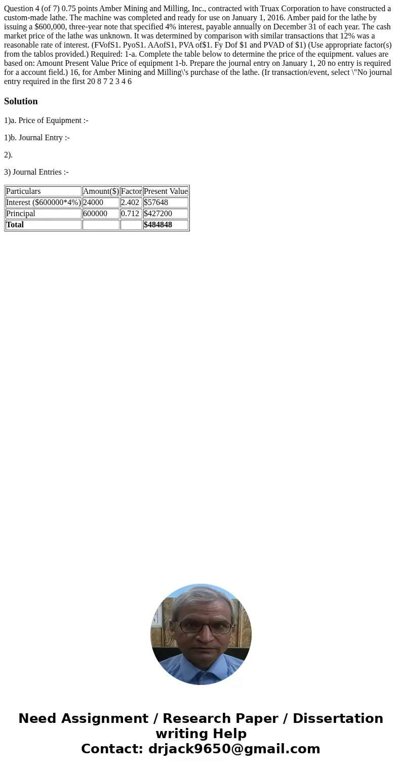 Question 4 (of 7) 0.75 points Amber Mining and Milling, Inc., contracted with Truax Corporation to have constructed a custom-made lathe. The machine was comple  Question 4 (of 7) 0.75 points Amber Mining and Milling, Inc., contracted with Truax Corporation to have constructed a custom-made lathe. The machine was comple