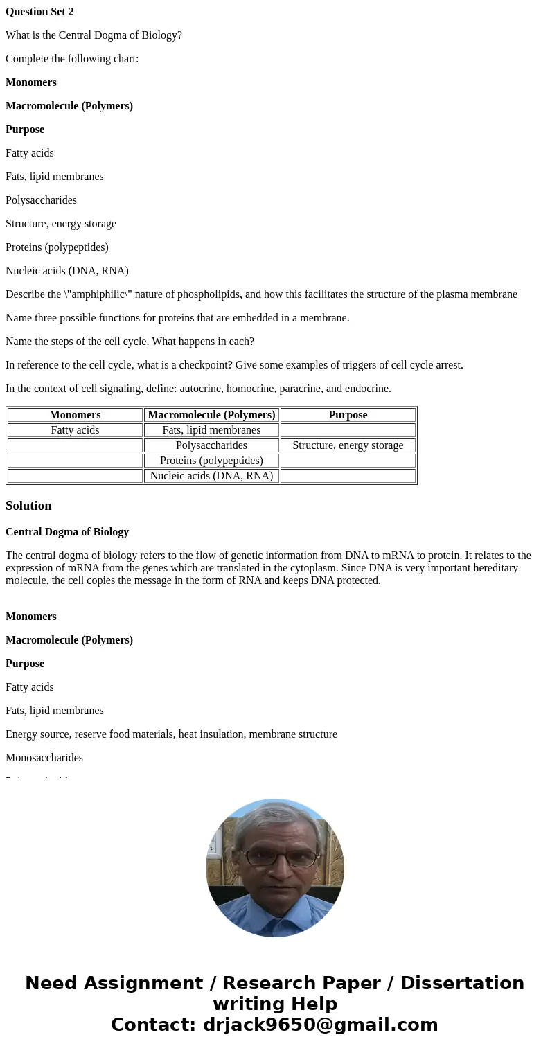 Question Set 2 What is the Central Dogma of Biology? Complete the following chart: Monomers Macromolecule (Polymers) Purpose Fatty acids Fats, lipid membranes P