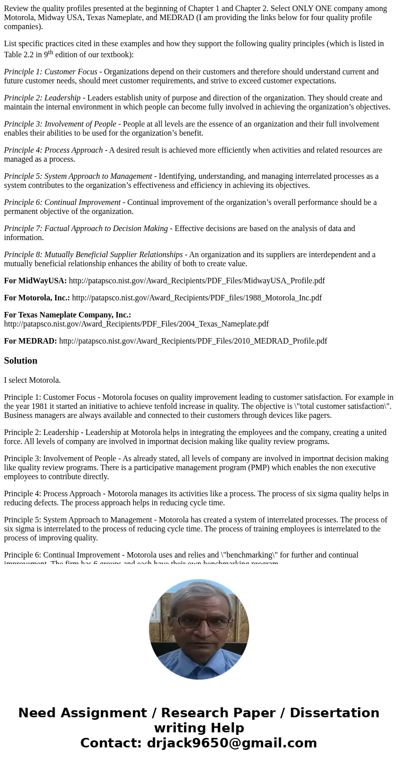 Review the quality profiles presented at the beginning of Chapter 1 and Chapter 2. Select ONLY ONE company among Motorola, Midway USA, Texas Nameplate, and MEDR