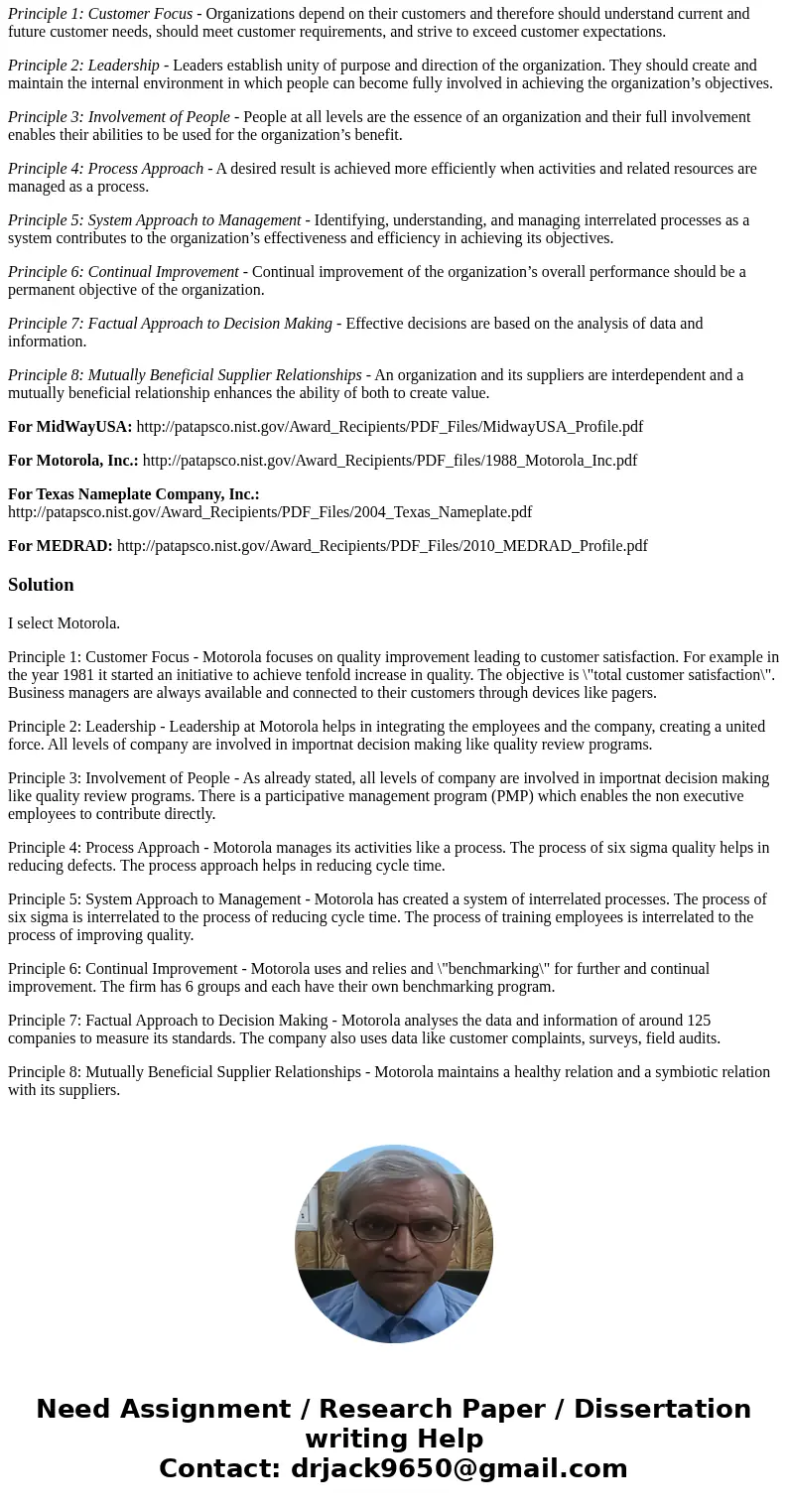 Review the quality profiles presented at the beginning of Chapter 1 and Chapter 2. Select ONLY ONE company among Motorola, Midway USA, Texas Nameplate, and MEDR