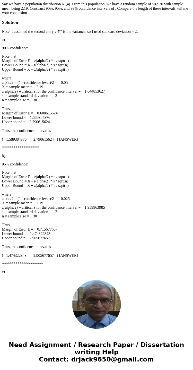 Say we have a population distribution N(,4). From this population, we have a random sample of size 30 with sample mean being 2.19. Construct 90%, 95%, and 99% c Say we have a population distribution N(,4). From this population, we have a random sample of size 30 with sample mean being 2.19. Construct 90%, 95%, and 99% c