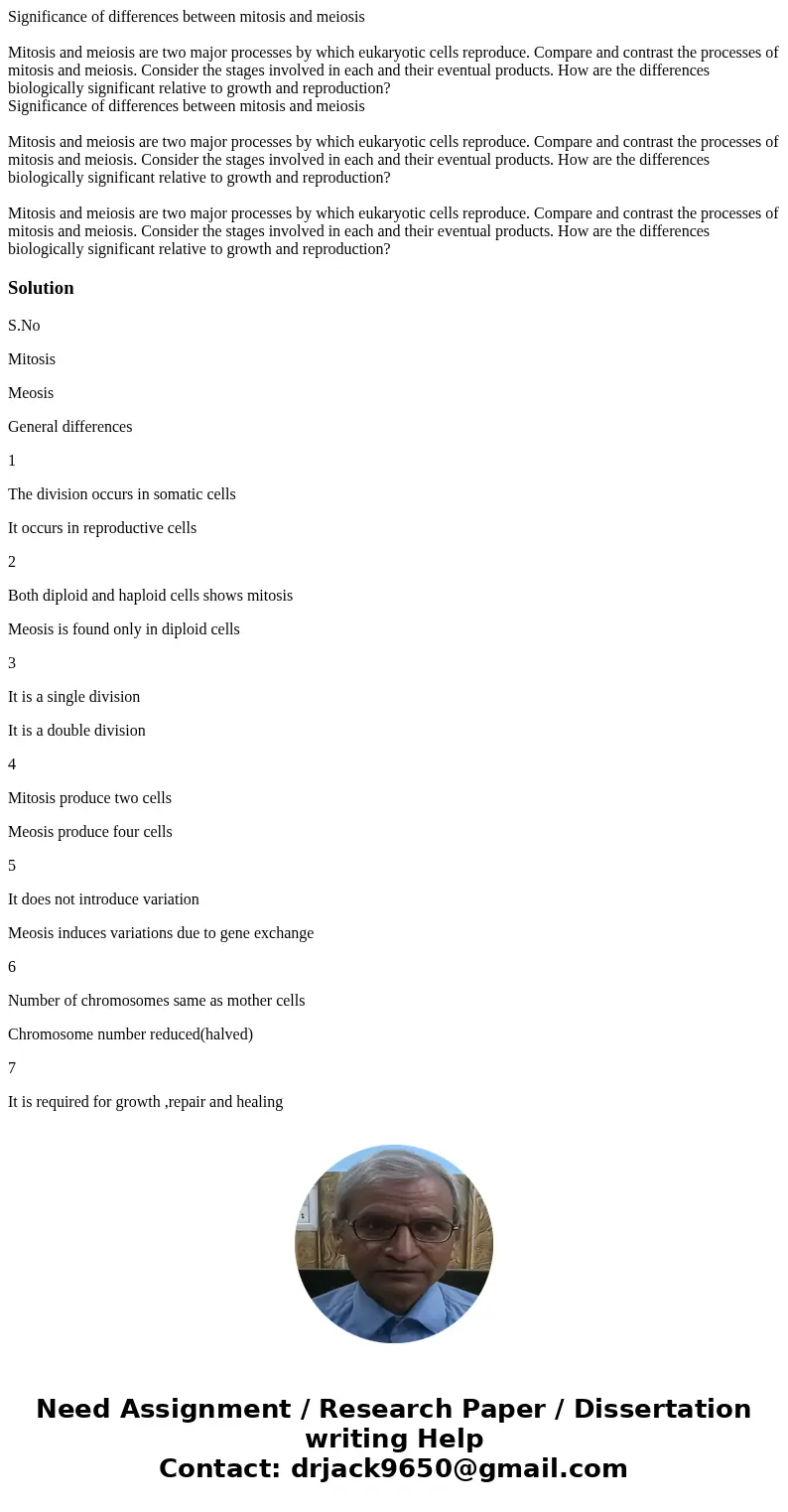 Significance of differences between mitosis and meiosis Mitosis and meiosis are two major processes by which eukaryotic cells reproduce. Compare and contrast t  Significance of differences between mitosis and meiosis Mitosis and meiosis are two major processes by which eukaryotic cells reproduce. Compare and contrast t