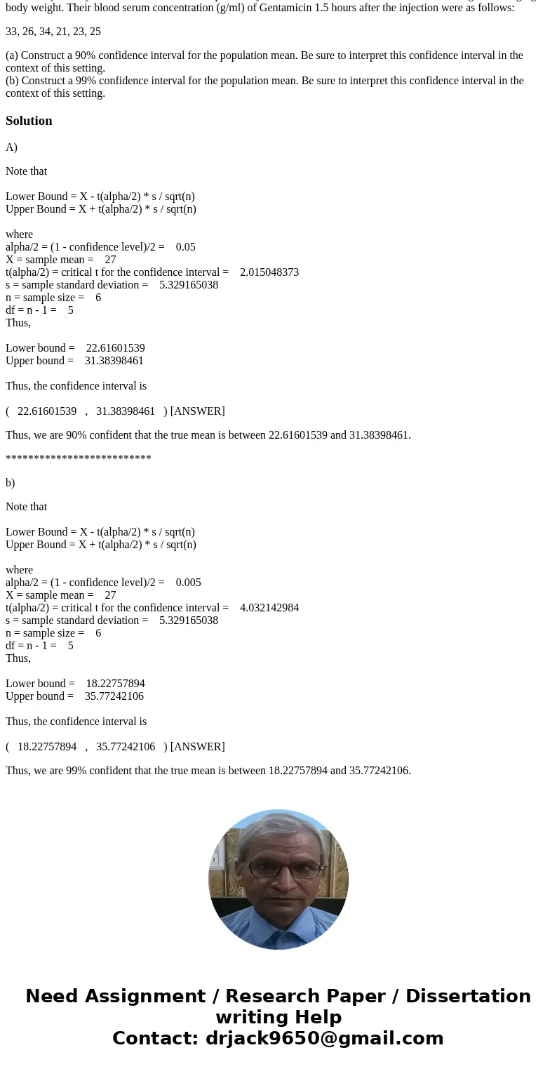 Statistic question five Six healthy three-year-old female Suffolk sheep were injected with the antibiotic Gentamicin, at a dosage of 10 mg/kg body weight. Their