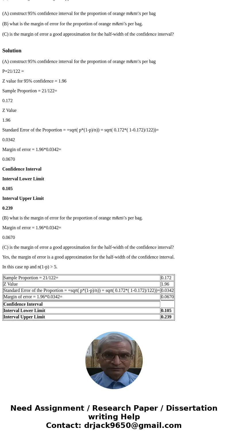  Suppose a bag of 122 M&M\'s has 21 orange ones. (A) construct 95% confidence interval for the proportion of orange m&m\'s per bag (B) what is the margi