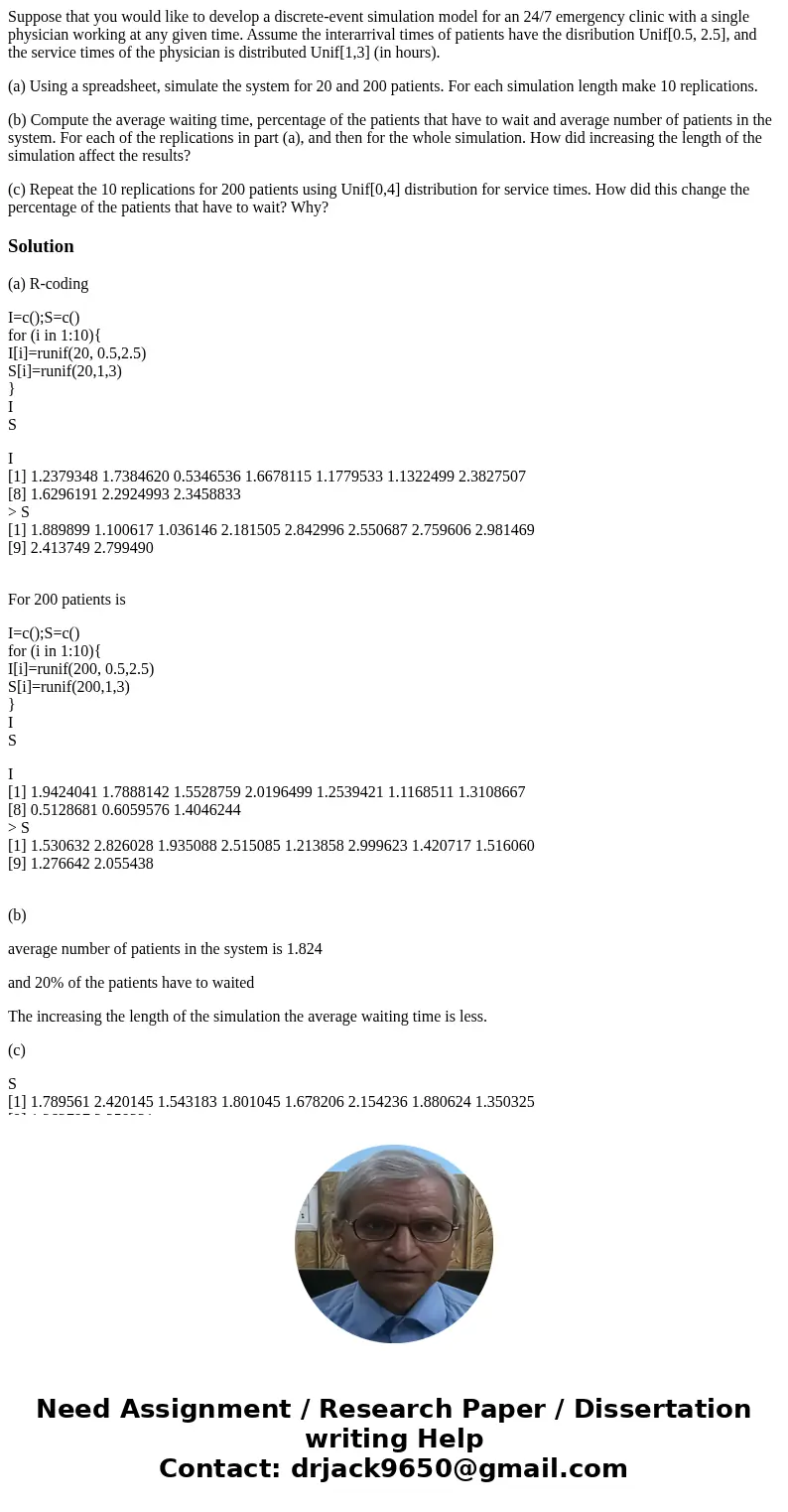 Suppose that you would like to develop a discrete-event simulation model for an 24/7 emergency clinic with a single physician working at any given time. Assume  Suppose that you would like to develop a discrete-event simulation model for an 24/7 emergency clinic with a single physician working at any given time. Assume