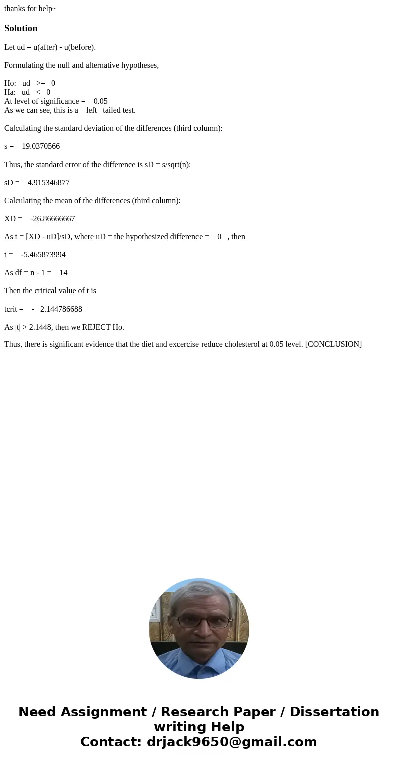 thanks for help~SolutionLet ud = u(after) - u(before). Formulating the null and alternative hypotheses, Ho: ud >= 0 Ha: ud < 0 At level of significance =  thanks for help~SolutionLet ud = u(after) - u(before). Formulating the null and alternative hypotheses, Ho: ud >= 0 Ha: ud < 0 At level of significance =