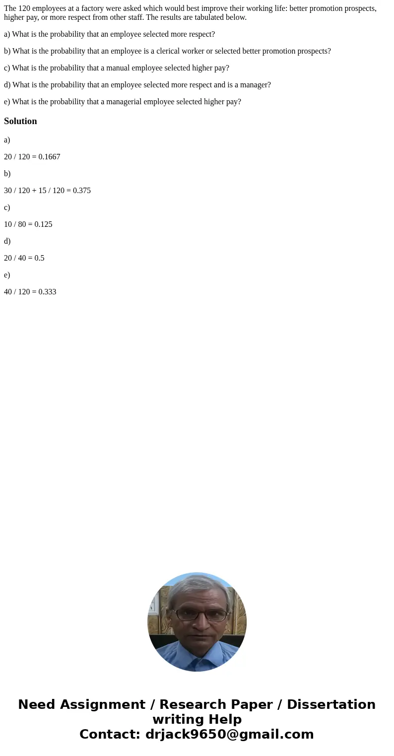 The 120 employees at a factory were asked which would best improve their working life: better promotion prospects, higher pay, or more respect from other staff. The 120 employees at a factory were asked which would best improve their working life: better promotion prospects, higher pay, or more respect from other staff.