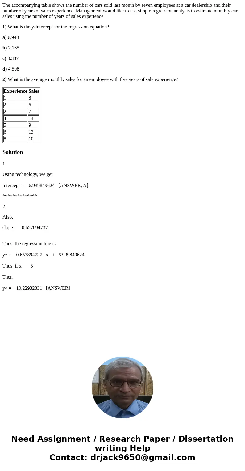 The accompanying table shows the number of cars sold last month by seven employees at a car dealership and their number of years of sales experience. Management