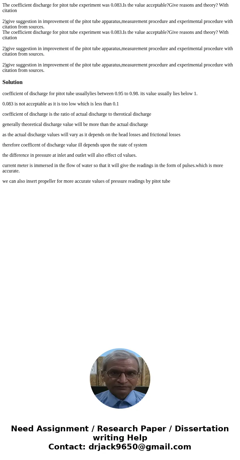 The coefficient discharge for pitot tube experiment was 0.083.Is the value acceptable?Give reasons and theory? With citation 2)give suggestion in improvement of