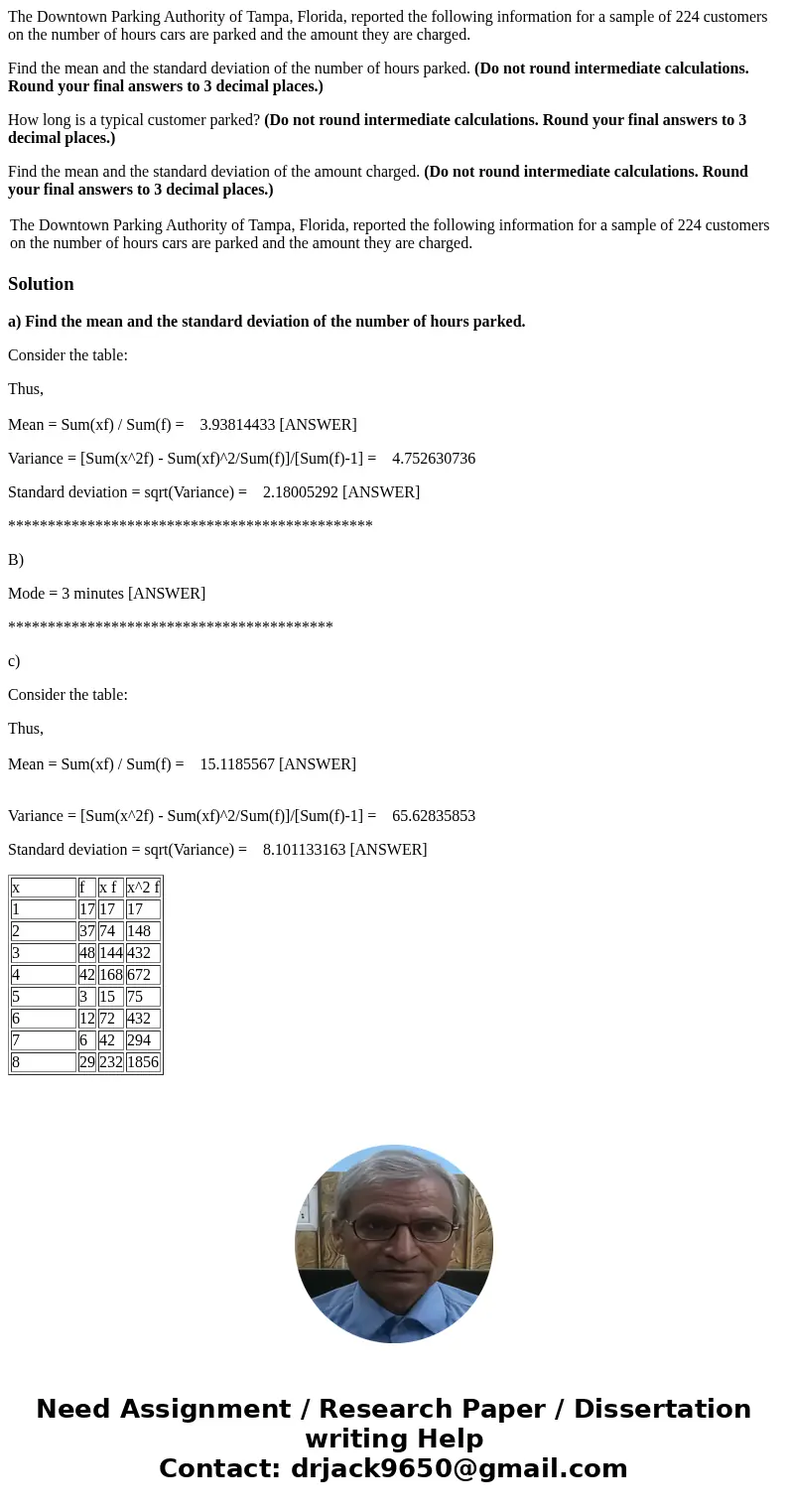 The Downtown Parking Authority of Tampa, Florida, reported the following information for a sample of 224 customers on the number of hours cars are parked and th The Downtown Parking Authority of Tampa, Florida, reported the following information for a sample of 224 customers on the number of hours cars are parked and th