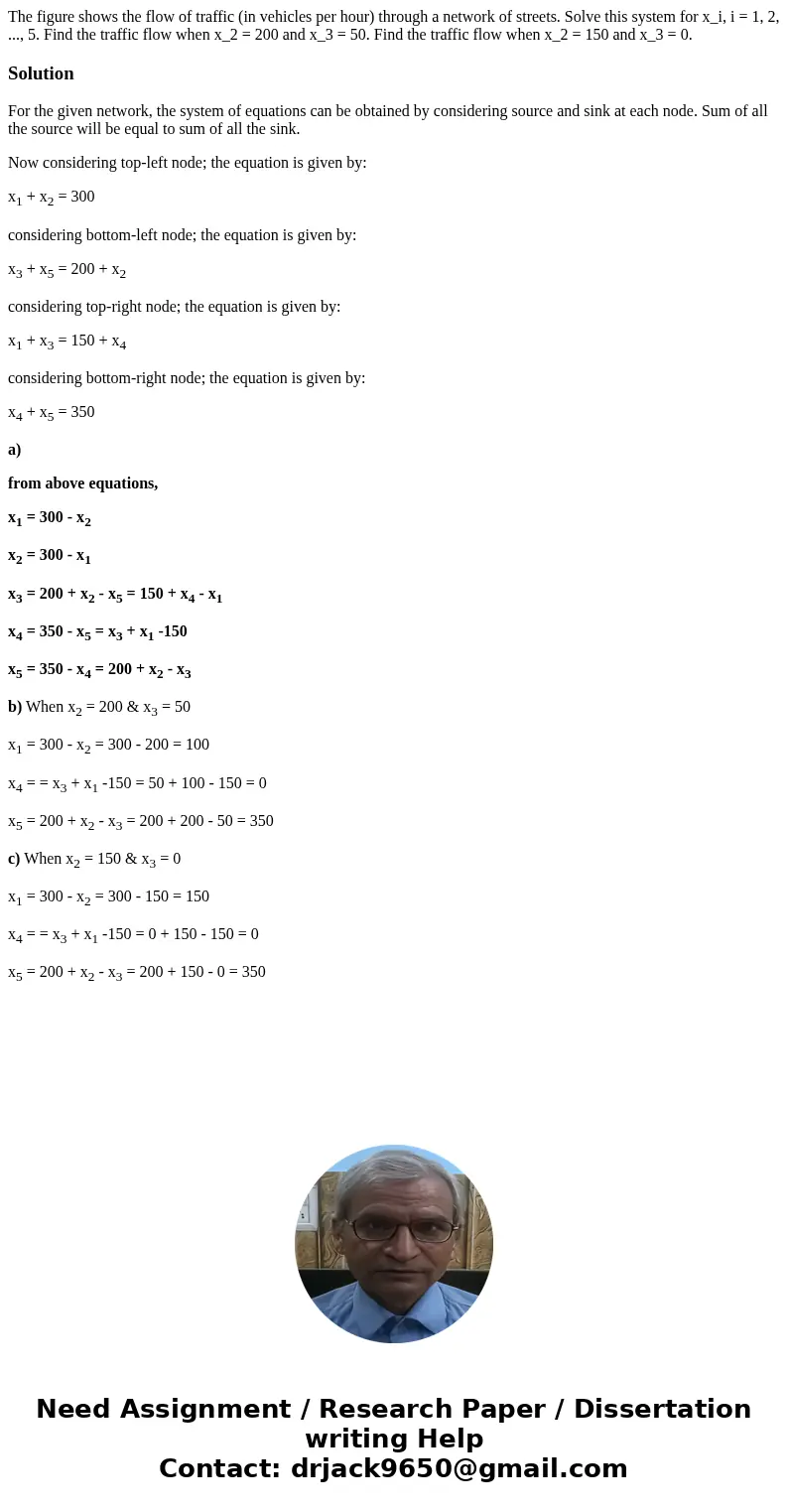 The figure shows the flow of traffic (in vehicles per hour) through a network of streets. Solve this system for x_i, i = 1, 2, ..., 5. Find the traffic flow wh  The figure shows the flow of traffic (in vehicles per hour) through a network of streets. Solve this system for x_i, i = 1, 2, ..., 5. Find the traffic flow wh