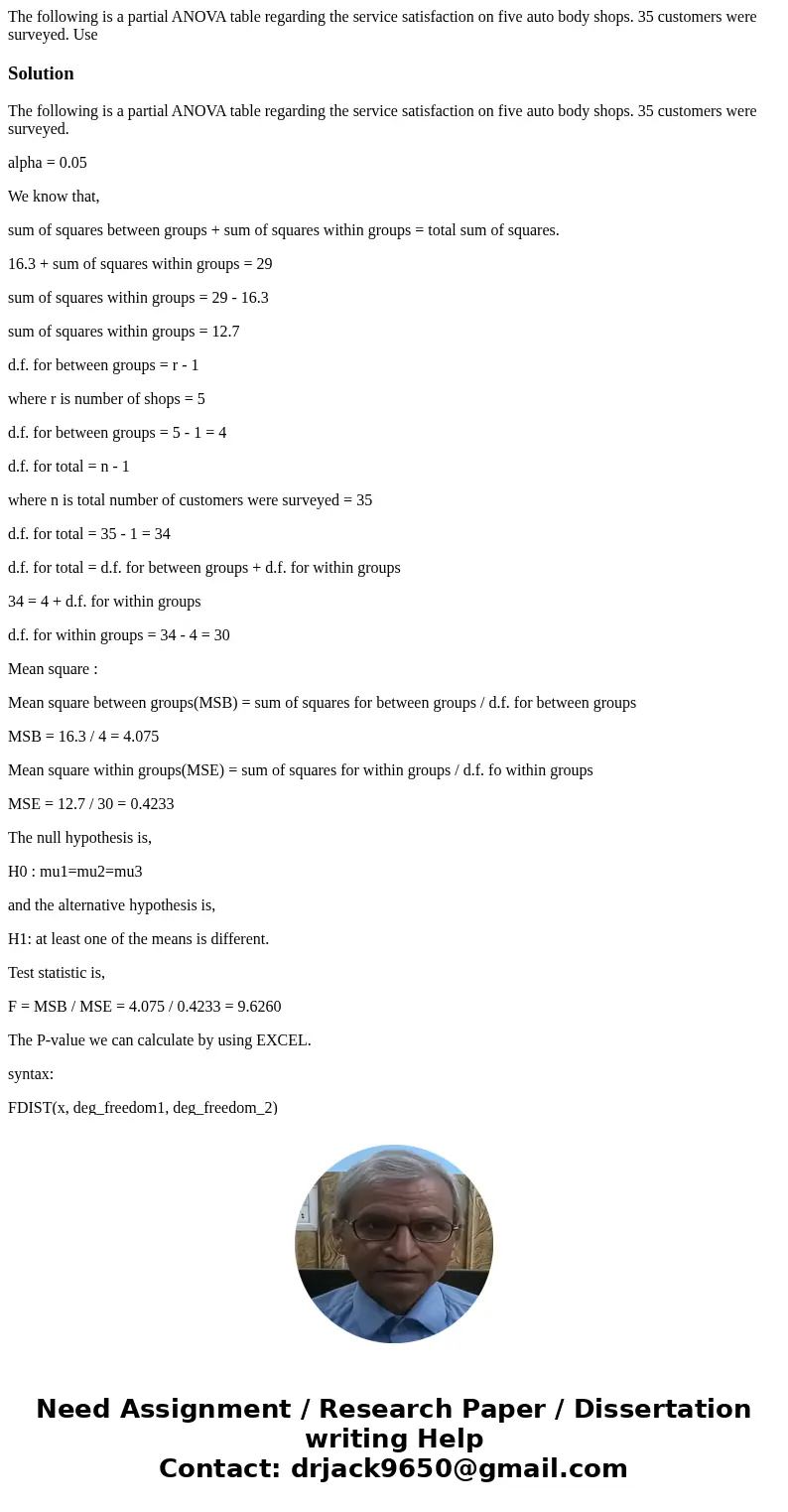 The following is a partial ANOVA table regarding the service satisfaction on five auto body shops. 35 customers were surveyed. Use SolutionThe following is a p  The following is a partial ANOVA table regarding the service satisfaction on five auto body shops. 35 customers were surveyed. Use SolutionThe following is a p