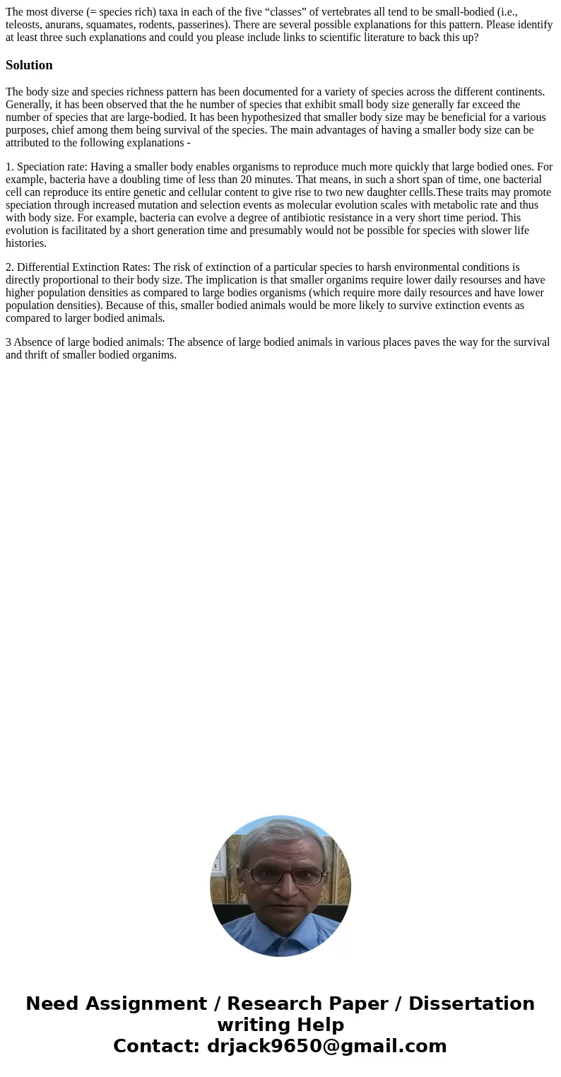 The most diverse (= species rich) taxa in each of the five “classes” of vertebrates all tend to be small-bodied (i.e., teleosts, anurans, squamates, rodents, pa