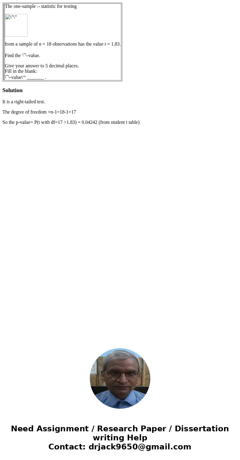  The one-sample statistic for testing from a sample of n = 18 observations has the value t = 1.83. Find the -value. Give your answer to 5 decimal places. Fill i
