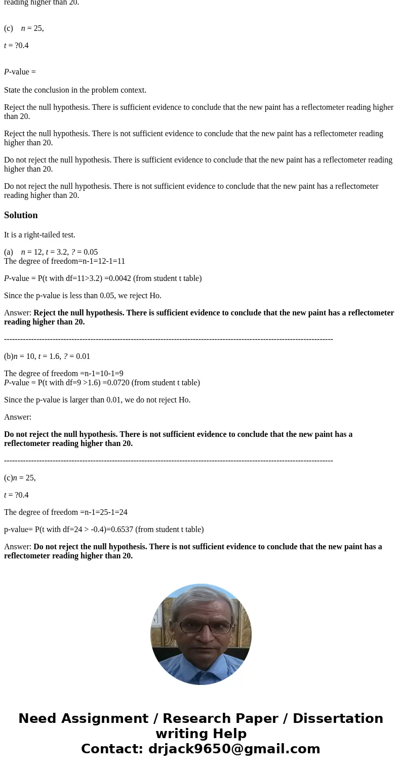 The paint used to make lines on roads must reflect enough light to be clearly visible at night. Let ? denote the true average reflectometer reading for a new ty The paint used to make lines on roads must reflect enough light to be clearly visible at night. Let ? denote the true average reflectometer reading for a new ty