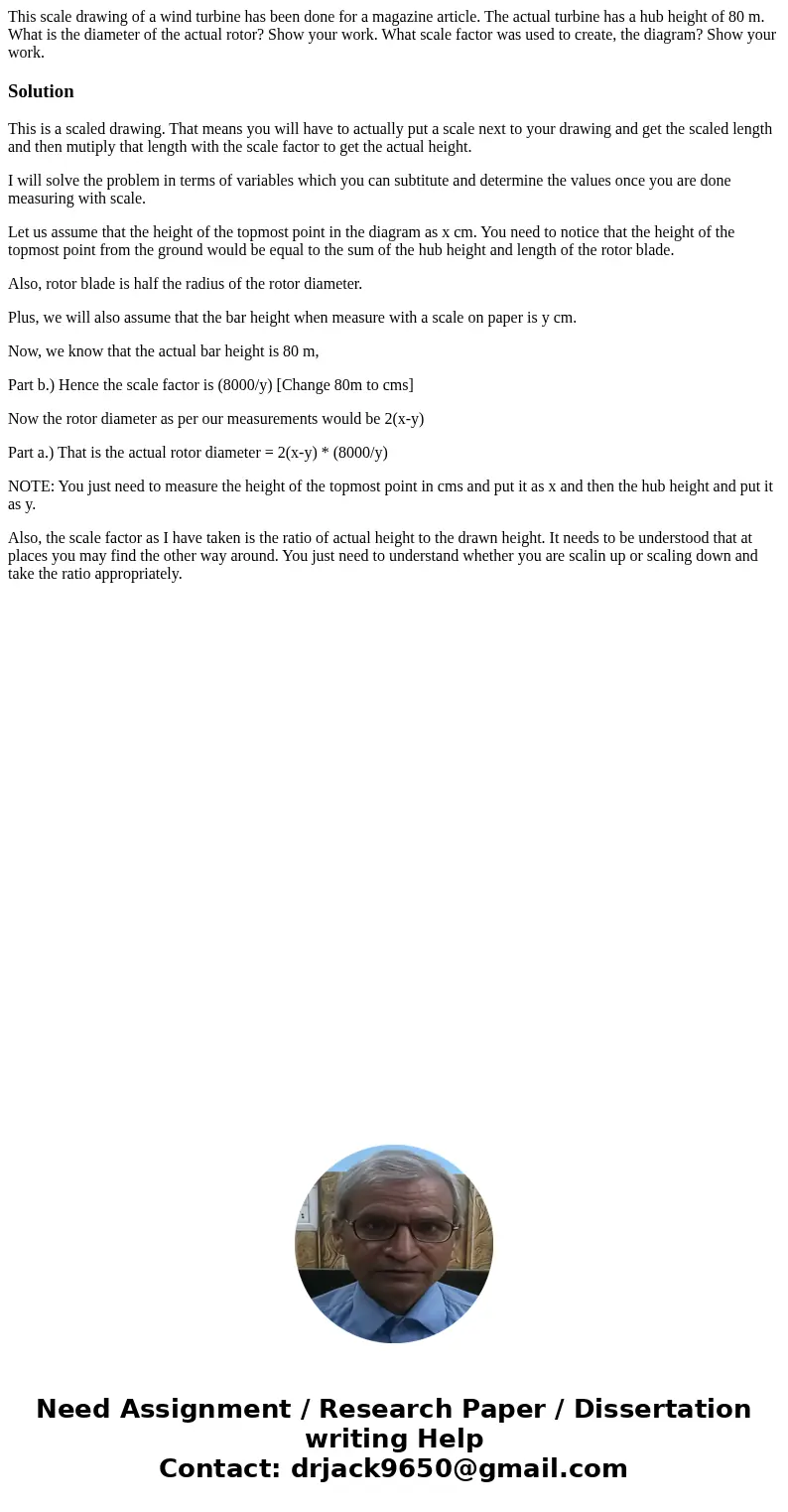 This scale drawing of a wind turbine has been done for a magazine article. The actual turbine has a hub height of 80 m. What is the diameter of the actual roto  This scale drawing of a wind turbine has been done for a magazine article. The actual turbine has a hub height of 80 m. What is the diameter of the actual roto