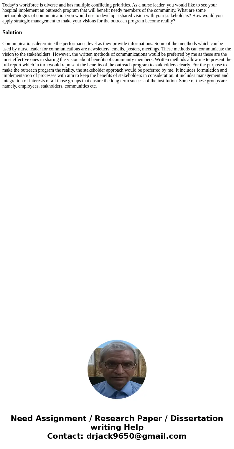 Today\'s workforce is diverse and has multiple conflicting priorities. As a nurse leader, you would like to see your hospital implement an outreach program that Today\'s workforce is diverse and has multiple conflicting priorities. As a nurse leader, you would like to see your hospital implement an outreach program that