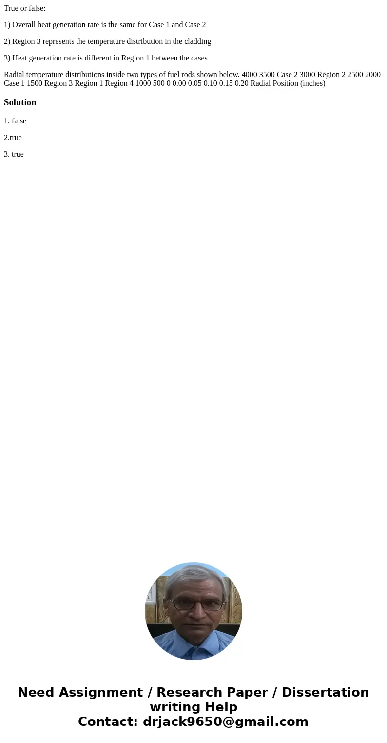 True or false: 1) Overall heat generation rate is the same for Case 1 and Case 2 2) Region 3 represents the temperature distribution in the cladding 3) Heat gen True or false: 1) Overall heat generation rate is the same for Case 1 and Case 2 2) Region 3 represents the temperature distribution in the cladding 3) Heat gen
