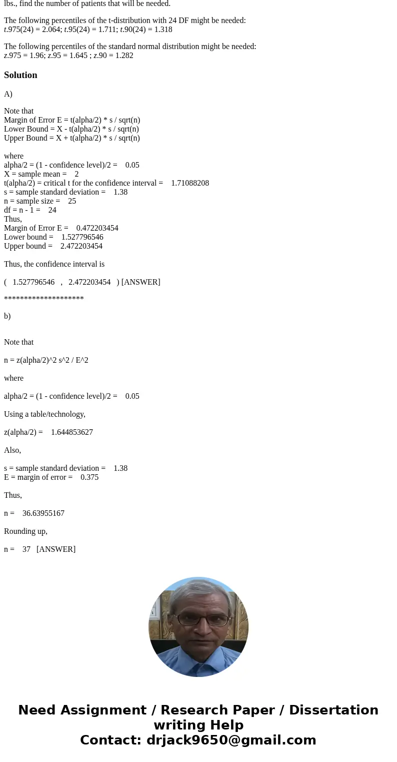 Twenty-five patients with congestive heart failure were weighed before and after receiving a new diuretic agent, and the average weight loss (i.e. difference be Twenty-five patients with congestive heart failure were weighed before and after receiving a new diuretic agent, and the average weight loss (i.e. difference be