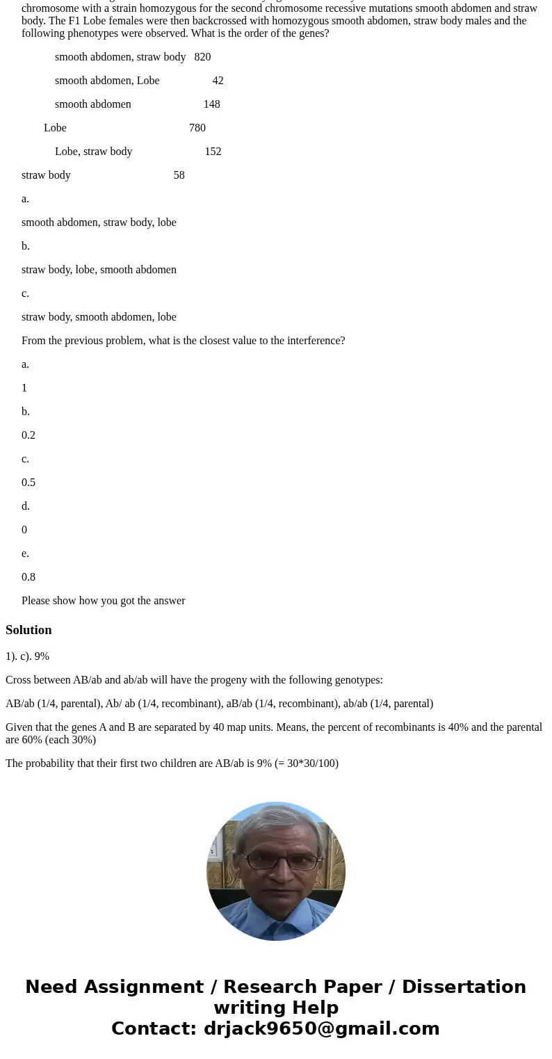 Two linked genes, (A) and (B), are separated by 40 cM. A man with genotype AB/ab marries a woman who is ab/ab. What is the probability that their first two chil