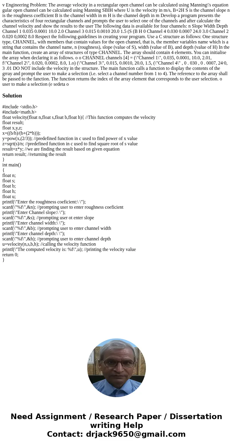  v Engineering Problem: The average velocity in a rectangular open channel can be calculated using Manning\'s equation gular open channel can be calculated usin